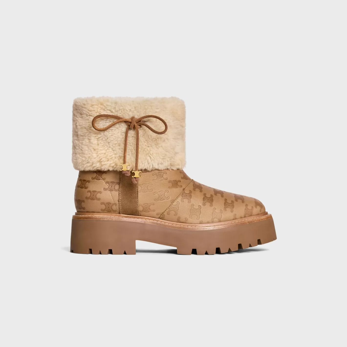 Clearance CELINE BULKY CROPPED TRIOMPHE BOOT in SUEDE STAMPED CALFSKIN AND SHEARLING COGNAC/NATURAL