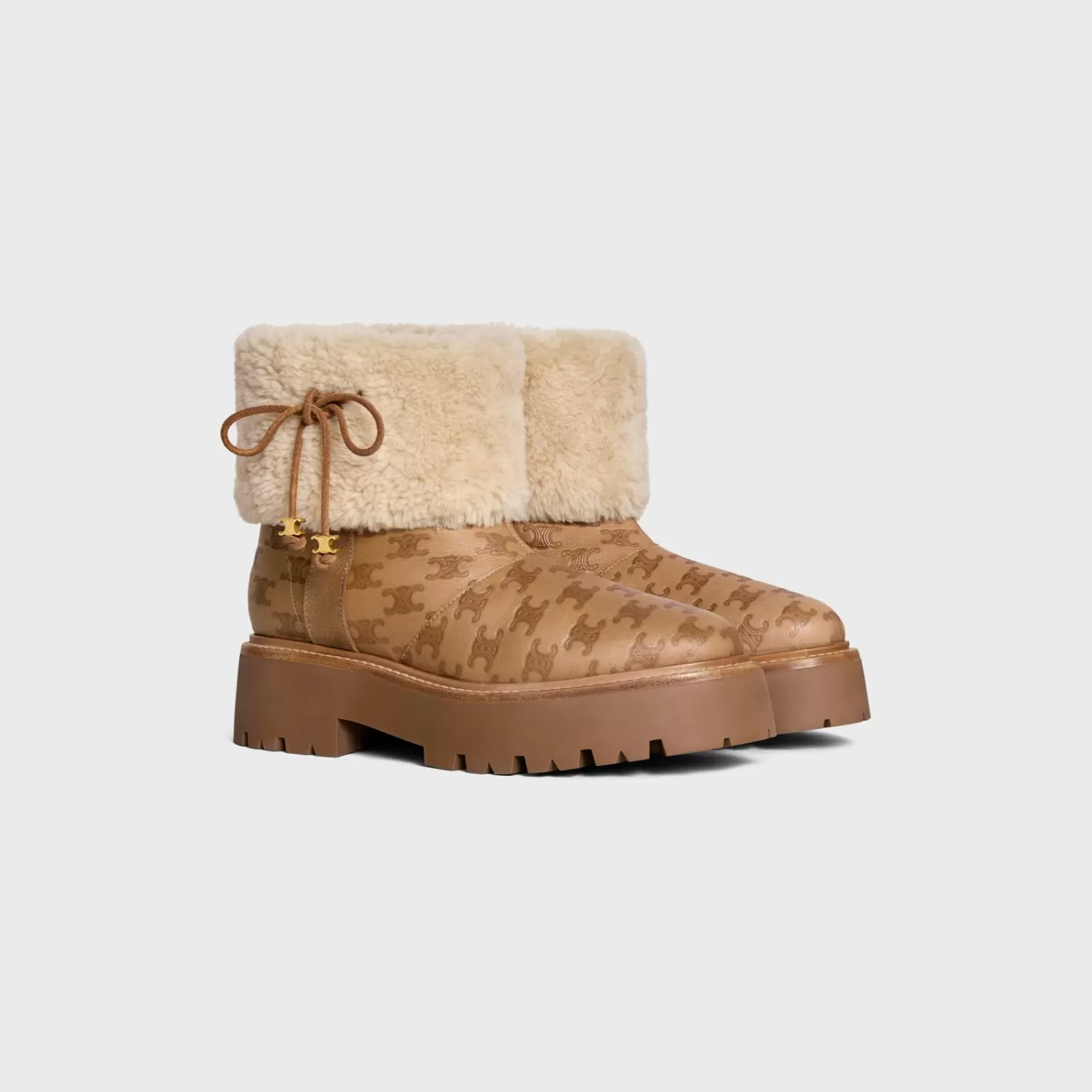 Clearance CELINE BULKY CROPPED TRIOMPHE BOOT in SUEDE STAMPED CALFSKIN AND SHEARLING COGNAC/NATURAL