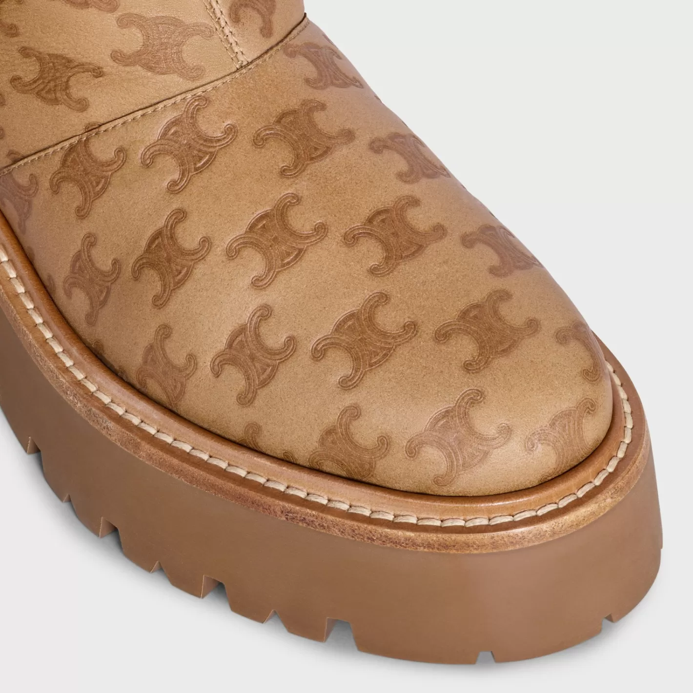 Clearance CELINE BULKY CROPPED TRIOMPHE BOOT in SUEDE STAMPED CALFSKIN AND SHEARLING COGNAC/NATURAL