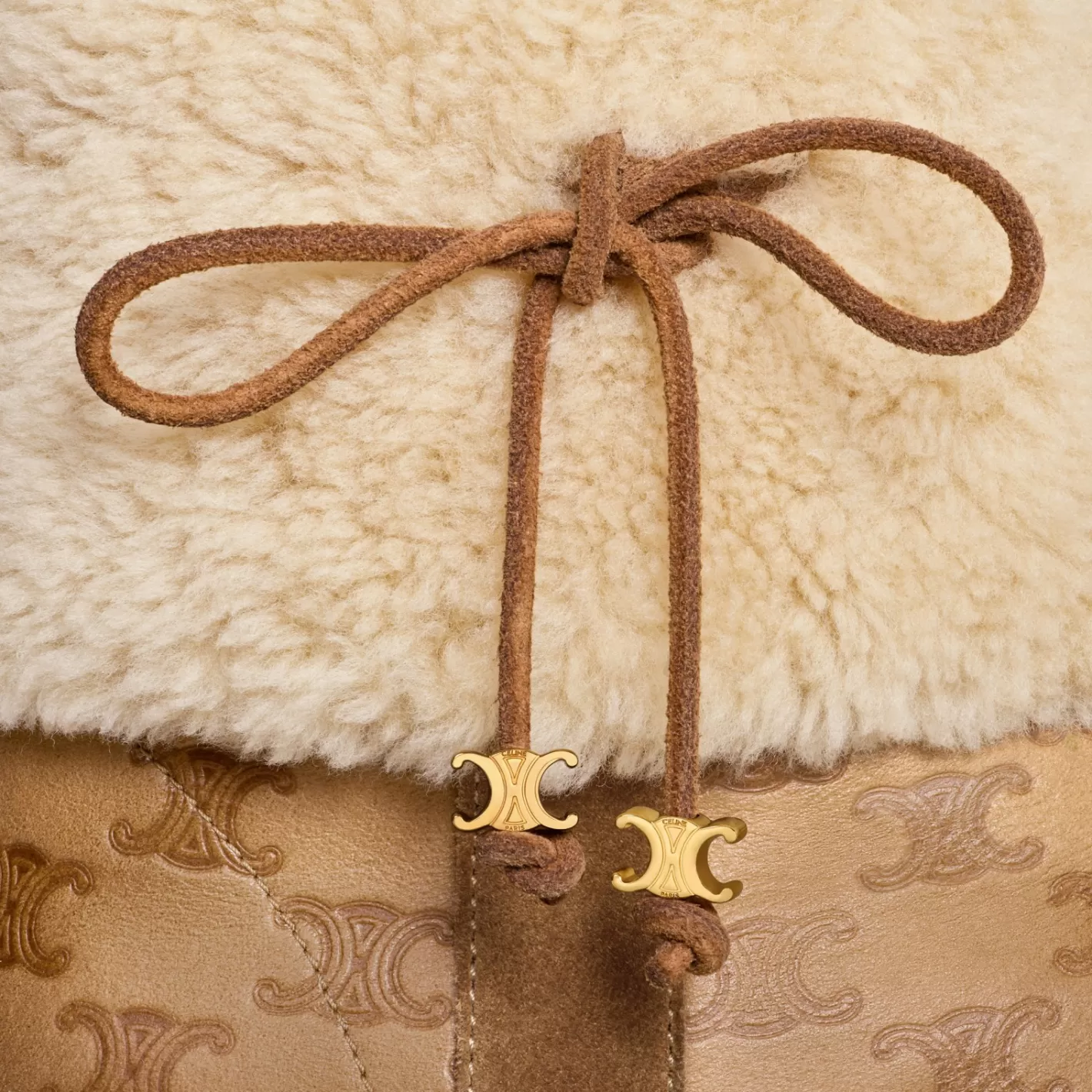Clearance CELINE BULKY CROPPED TRIOMPHE BOOT in SUEDE STAMPED CALFSKIN AND SHEARLING COGNAC/NATURAL