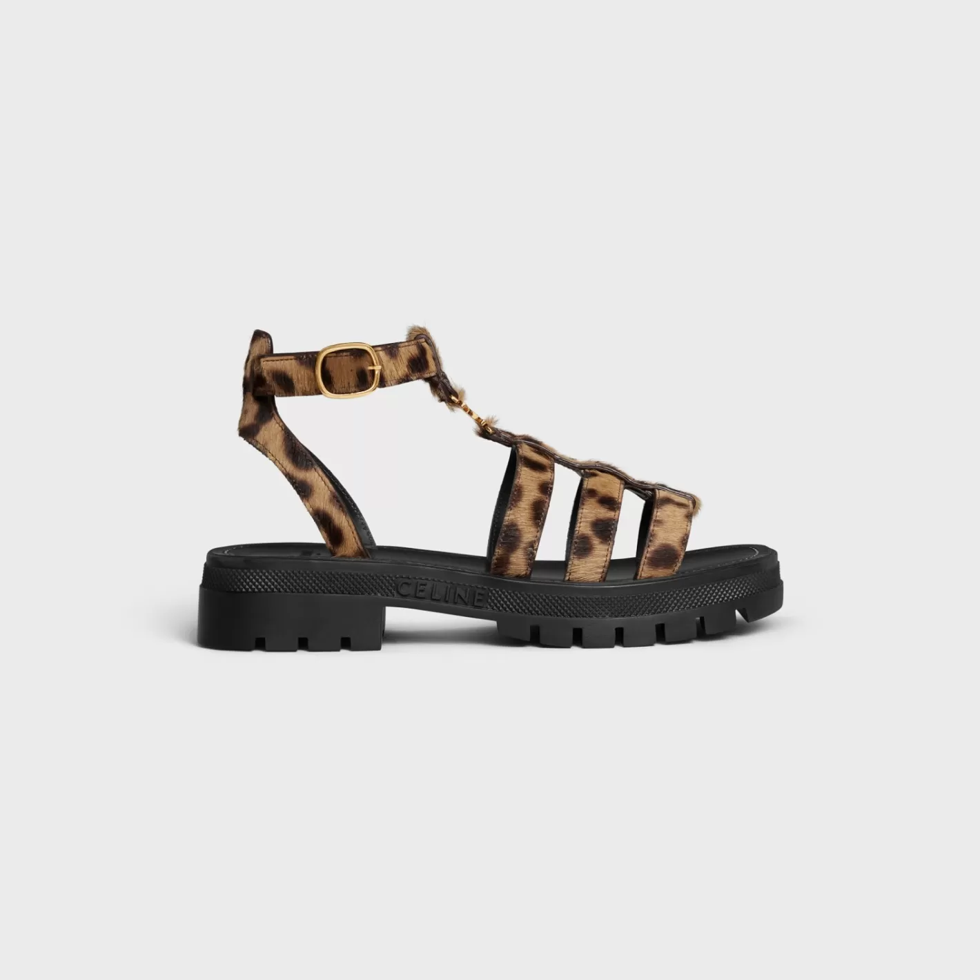 Fashion CELINE CLEA TRIOMPHE GLADIATOR SANDAL in LEOPARD PRINTED HAIRY CALFSKIN BLACK/BROWN/BEIGE