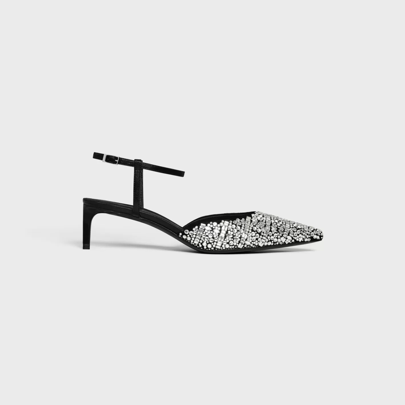 Outlet CELINE KITTEN STRAP PUMP in SUEDE GOATSKIN WITH STRASS AND CALFSKIN BLACK/CRYSTAL