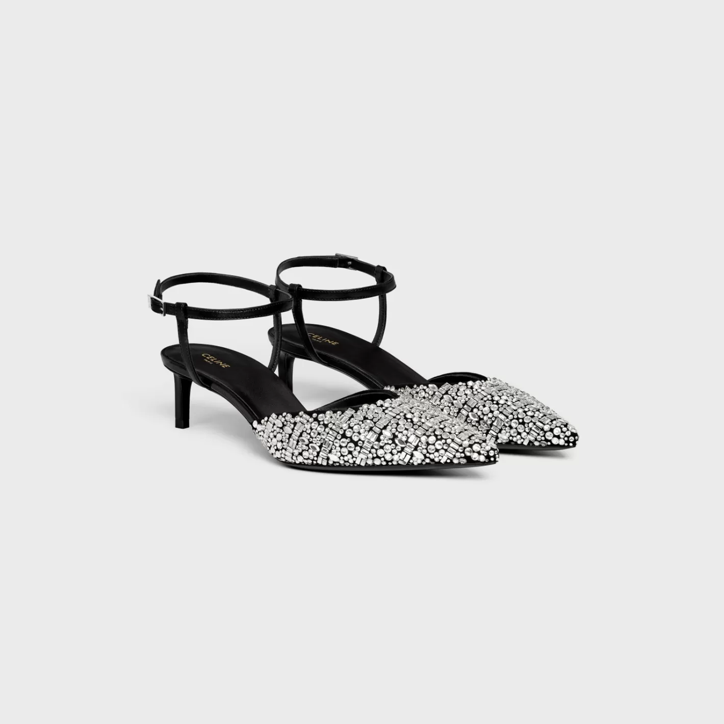 Outlet CELINE KITTEN STRAP PUMP in SUEDE GOATSKIN WITH STRASS AND CALFSKIN BLACK/CRYSTAL