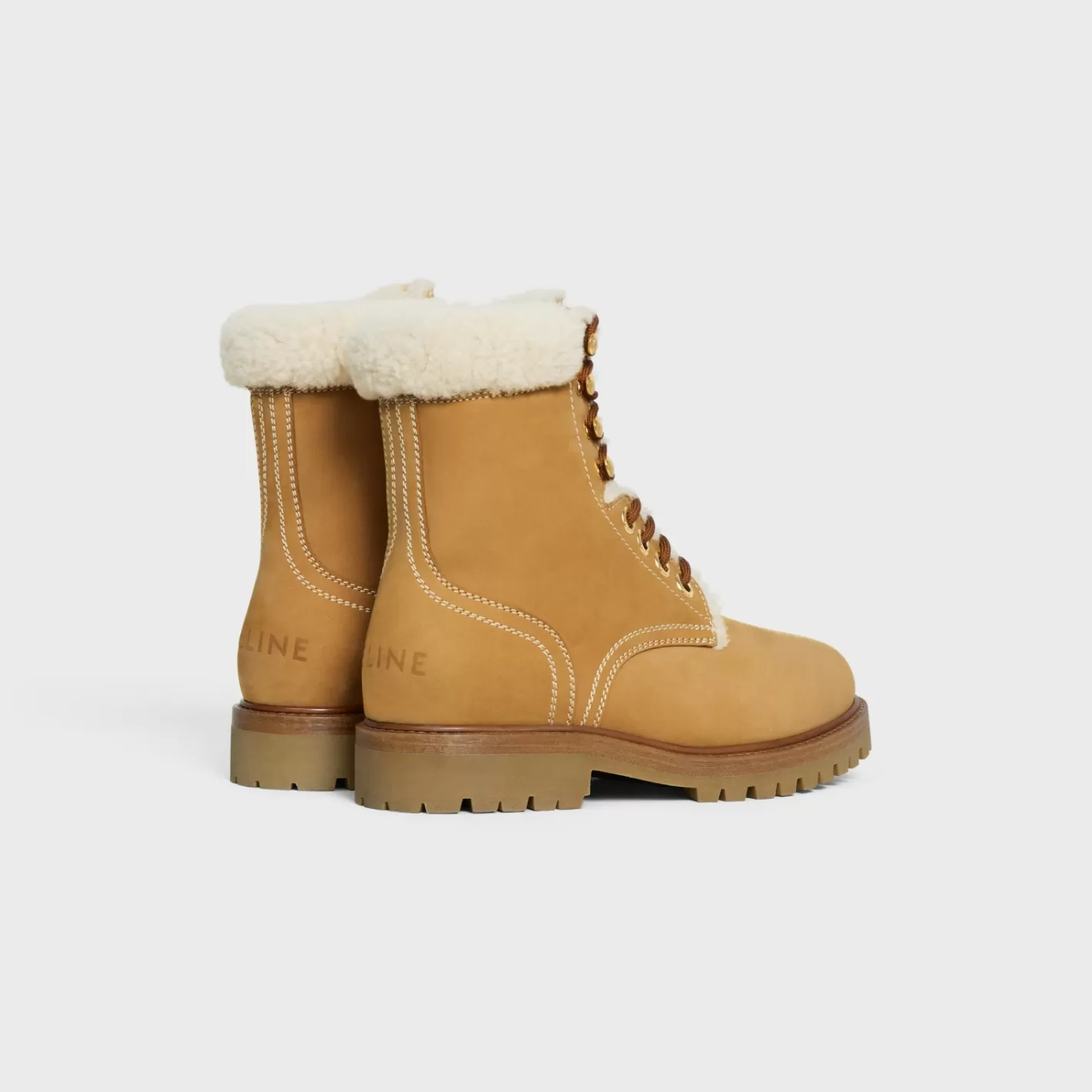 Online CELINE KURT LACE-UP MID BOOT in NUBUCK CALFSKIN AND SHEARLING LIGHTTAN/NATURAL