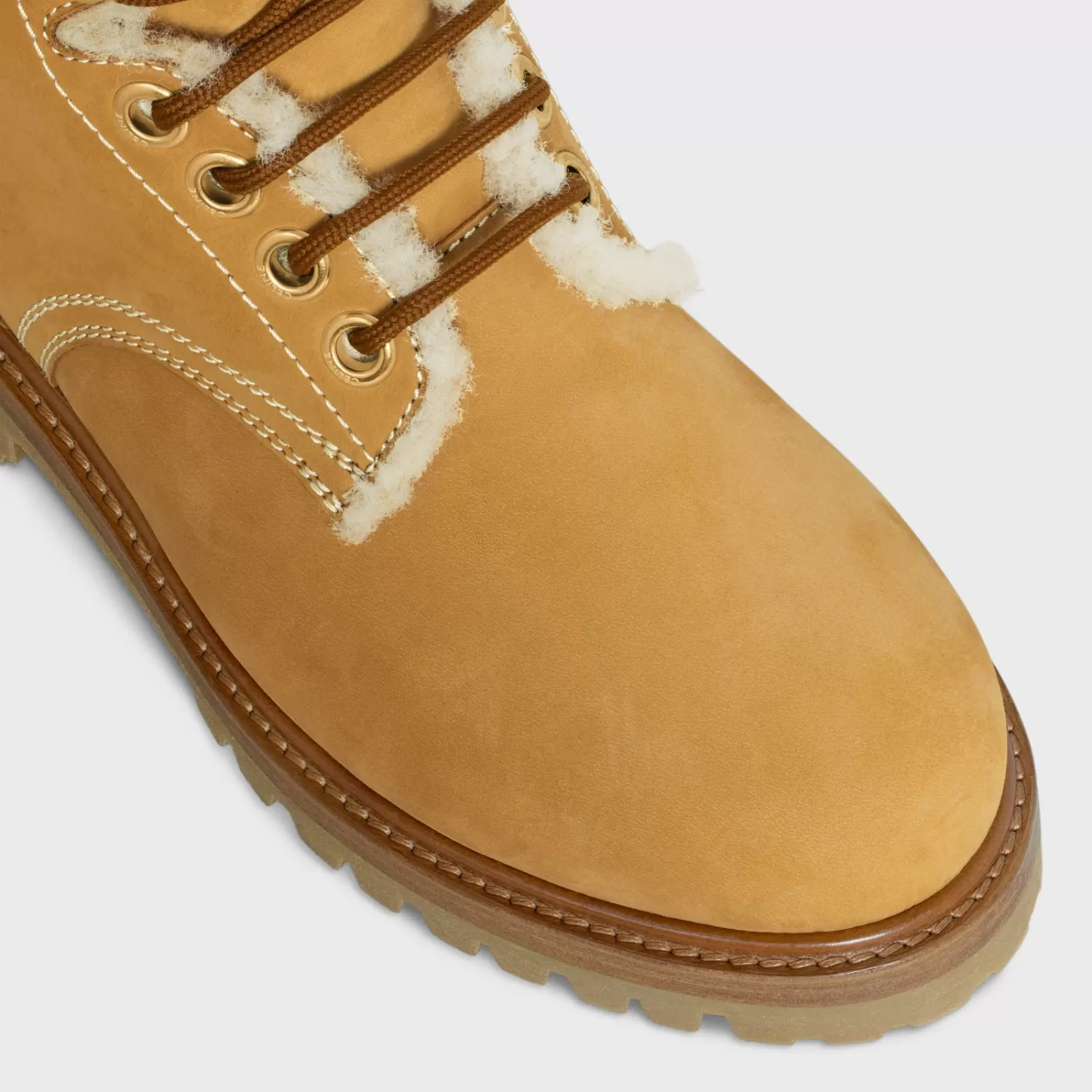 Online CELINE KURT LACE-UP MID BOOT in NUBUCK CALFSKIN AND SHEARLING LIGHTTAN/NATURAL