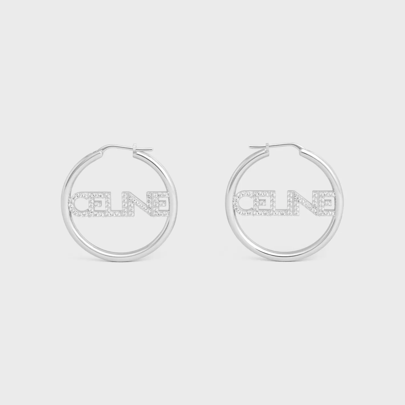 Fashion CELINE Monochroms Strass Hoops in Brass with Rhodium Finish and Crystals SILVER