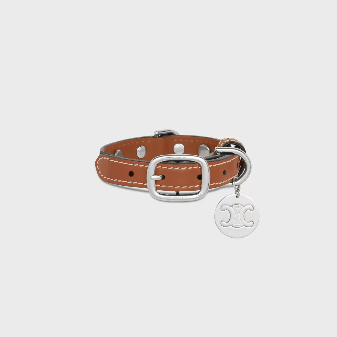 Fashion CELINE Nano Extra Thin Dog Collar in Triomphe Canvas and Calfskin with studs TAN