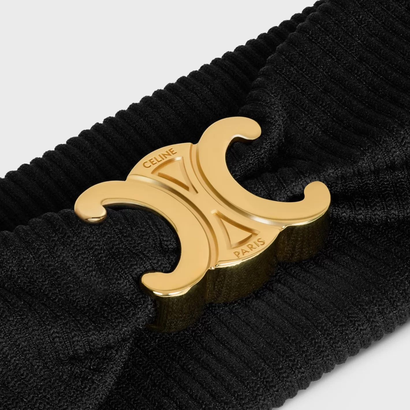 Shop CELINE Triomphe Athletic Headband in Polyamide, Elastane and Brass with Gold Finish Black/Gold&Smoke