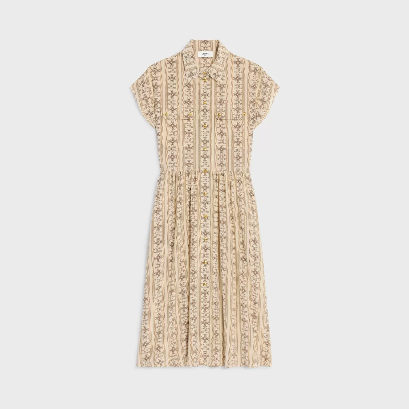 Hot CELINE workwear dress in crêpe de chine Ivoire/Toffee/MarronGlacé